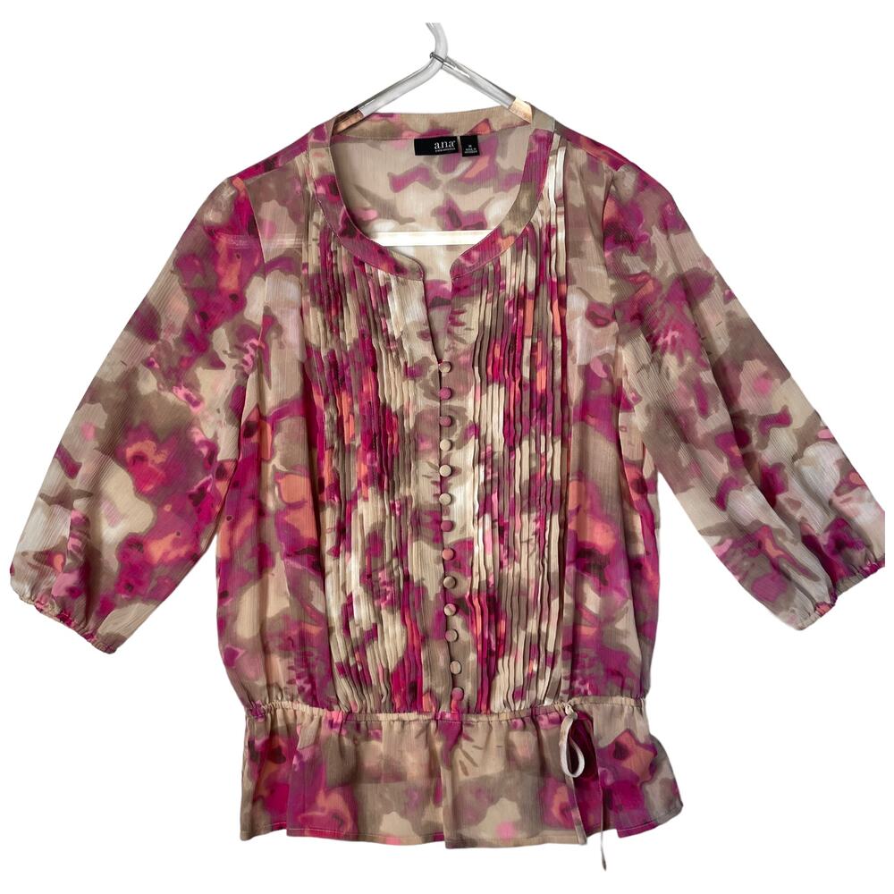 ANA Blouse Womens Medium Multicolor Floral Chiffon 3/4 Sleeve Ruffled Hem Pink